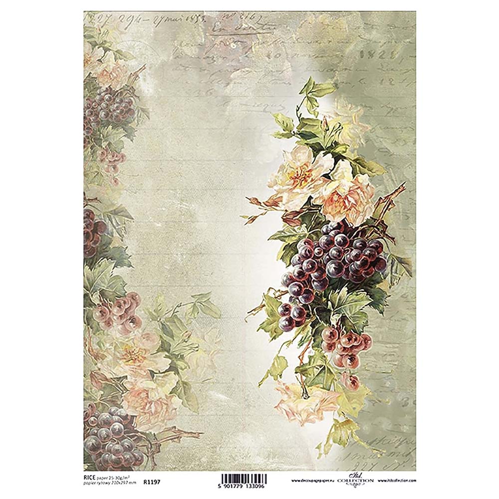 Pink Grapes and Flowers Rice Paper A4 ITD Rice Paper for Decoupage