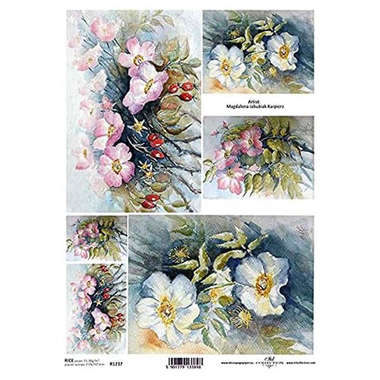 6 Scenes of White and Pink Flowers Rice Paper A4 ITD Rice Paper for Decoupage