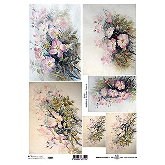 6 Pink and Yellow Flower Scenes Rice Paper A4 ITD Rice Paper for Decoupage