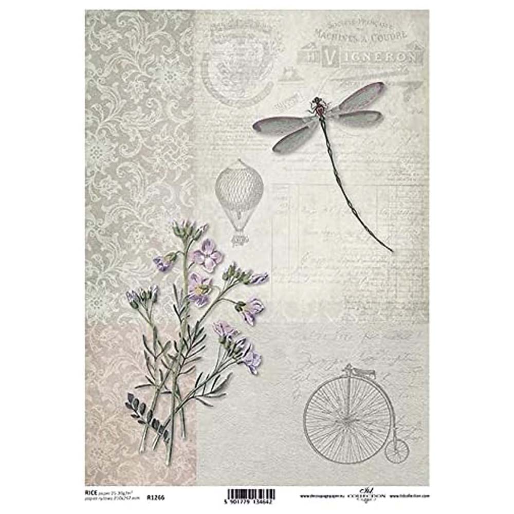 Dragonfly with Purple Flowers, Penny Farthing, Hot Air Balloonl Rice Paper A4 ITD Rice Paper for Decoupage