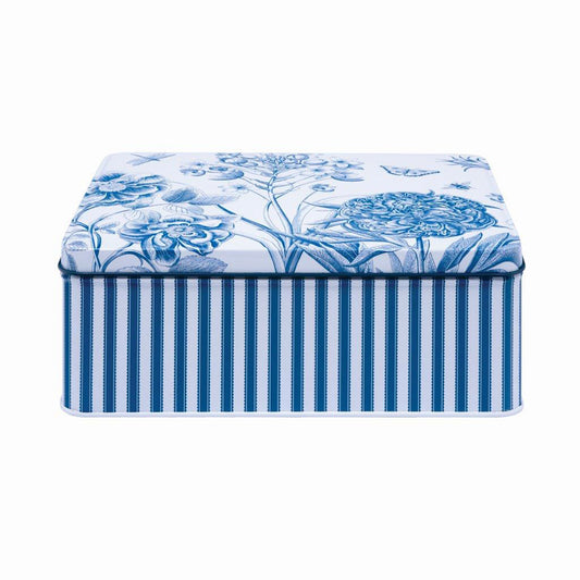 Sanderson Etchings & Roses  Blue White Deep Rectangular Tin 195 x 154 x 75mm