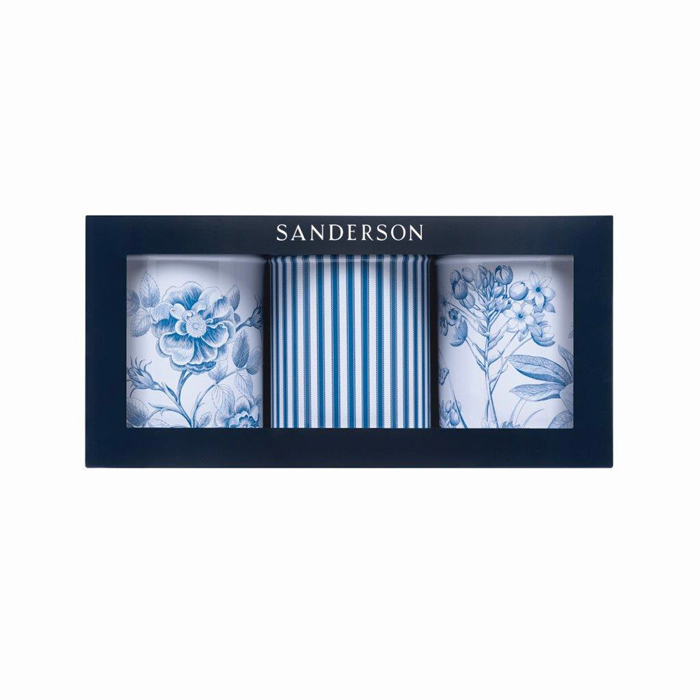 Sanderson Etchings & Roses China Blue Set of 3 round tin caddies 106 (d) x 150mm