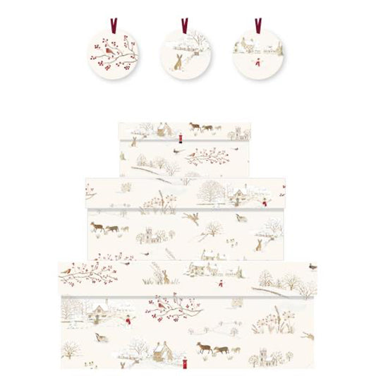 Sophie Allbright Snowy Village Nest of 3 Gift Boxes Size: small 165 x 50 x 110mm Medium: 230 x 90 x 165mm Large: 310 x 130 x 225mm