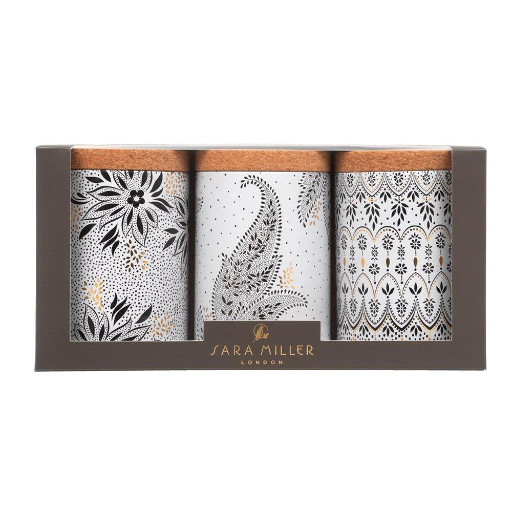 Sara Miller - Artisanne Noir Set 3 caddies with Cork Lids 106 (d) x 150mm Black White Gold