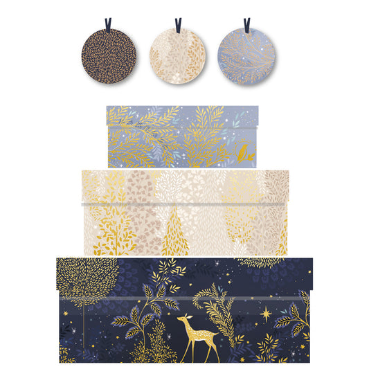 Sara Miller Magical Nightfall Nest of 3 Boxes Size: small 165 x 50 x 110mm Medium: 230 x 90 x 165mm Large: 310 x 130 x 225mm