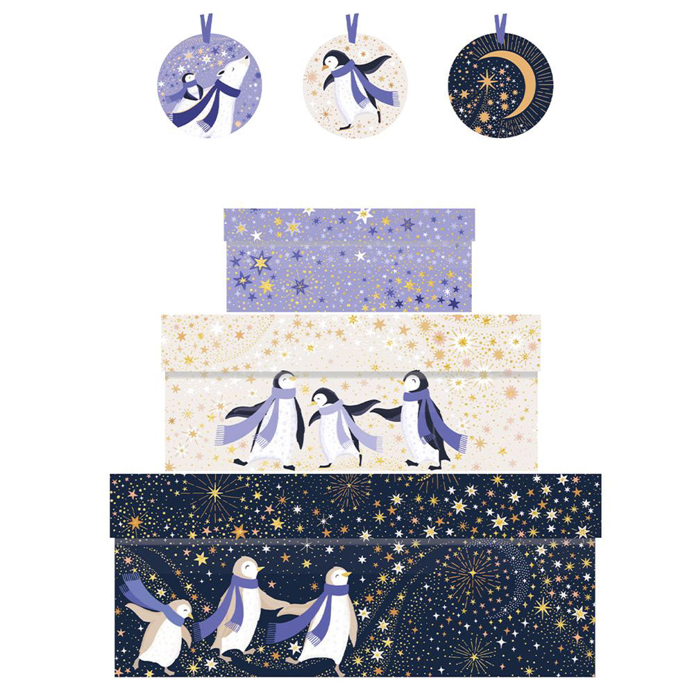Sara Miller Stargazing Penguins Nest of 3 Gift Boxes Size: small 165 x 50 x 110mm Medium: 230 x 90 x 165mm Large: 310 x 130 x 225mm