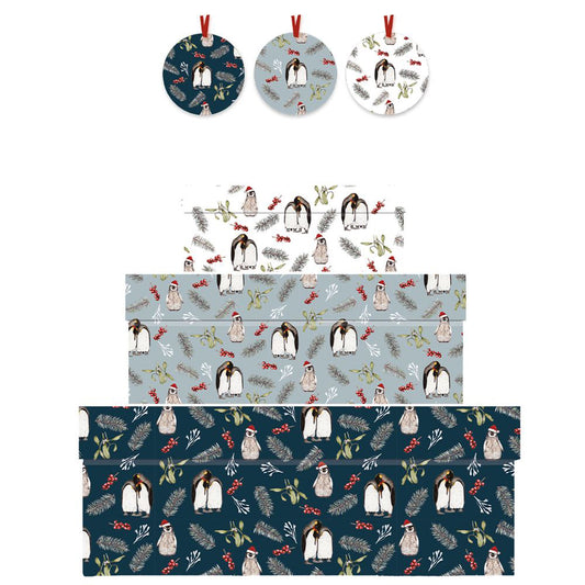 Toasted Crumpet Penguins Christmas Nest of 3 Boxes Size: small 165 x 50 x 110mm Medium: 230 x 90 x 165mm Large: 310 x 130 x 225mm