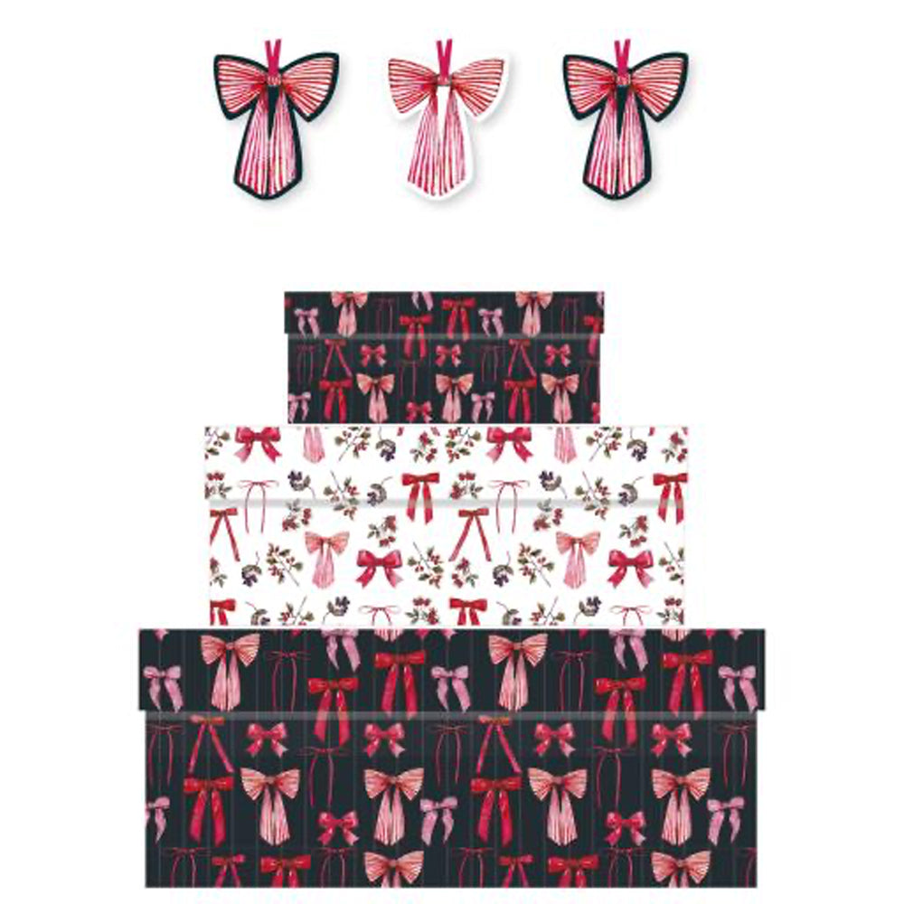 Toasted Crumpet Bows and Berries Noir Nest of 3 Gift Boxes Size: small 165 x 50 x 110mm Medium: 230 x 90 x 165mm Large: 310 x 130 x 225mm