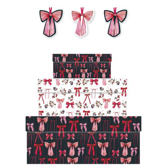 Toasted Crumpet Bows and Berries Noir Nest of 3 Gift Boxes Size: small 165 x 50 x 110mm Medium: 230 x 90 x 165mm Large: 310 x 130 x 225mm