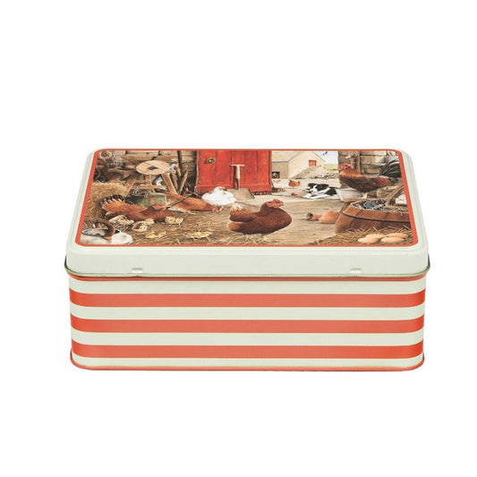 Tracy Hall Farmyard Hens Red Stripe Deep Rectangular Tin 195 x 154 x 75mm