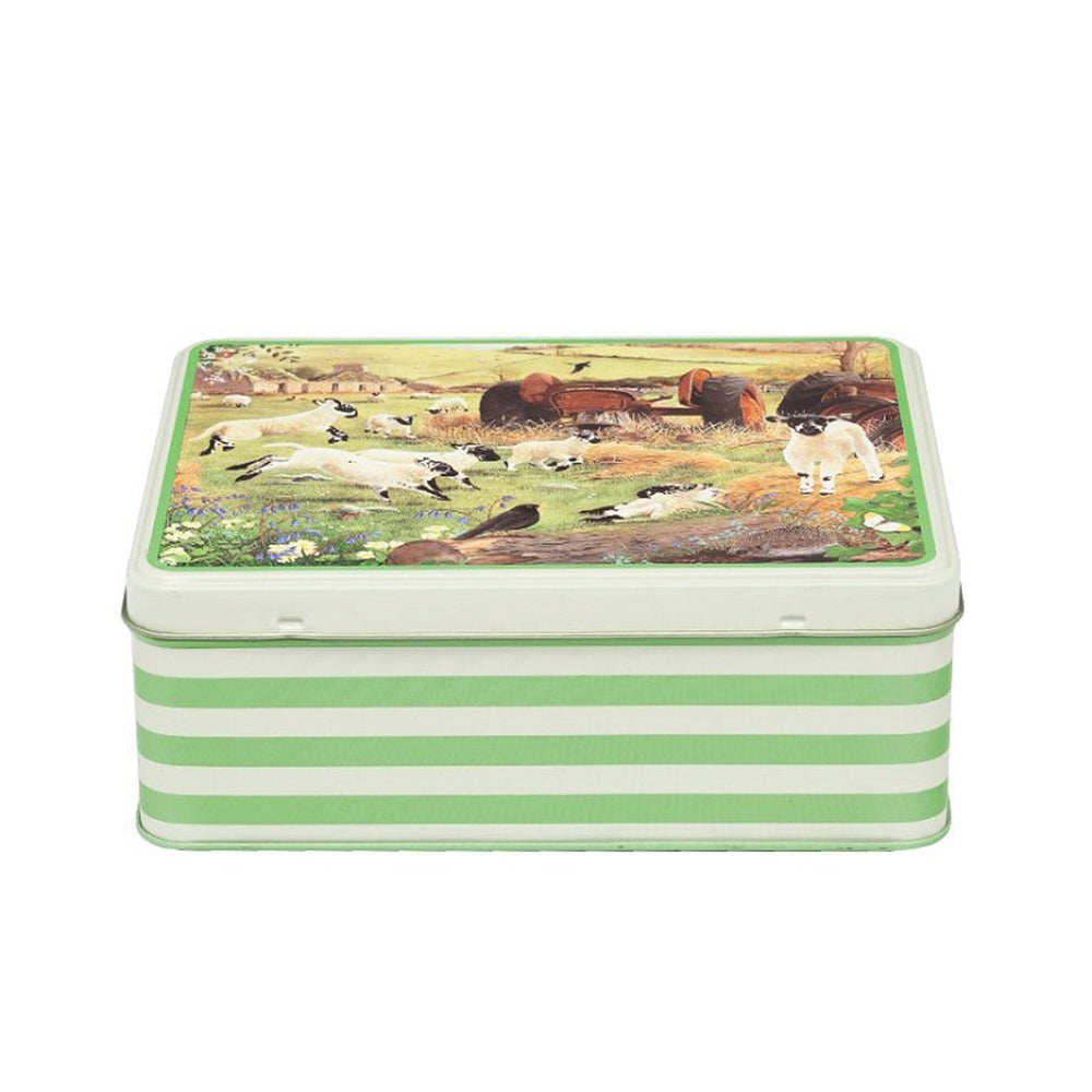 Tracy Hall Wolly Jumpers Sheep Lambs Green Stripe Deep Rectangular Tin 195 x 154 x 75mm