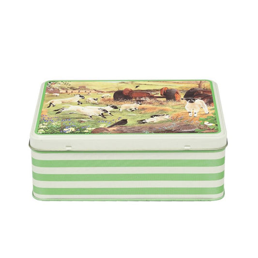 Tracy Hall Wolly Jumpers Sheep Lambs Green Stripe Deep Rectangular Tin 195 x 154 x 75mm