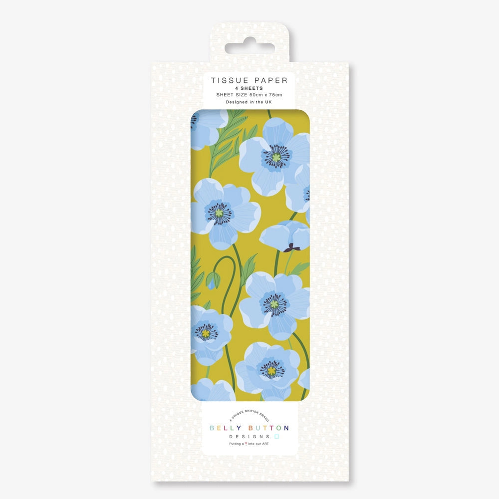 Blue Poppy Flower Belly Button Tissue Wrapping Paper 4 sheets 50 x 75 cm