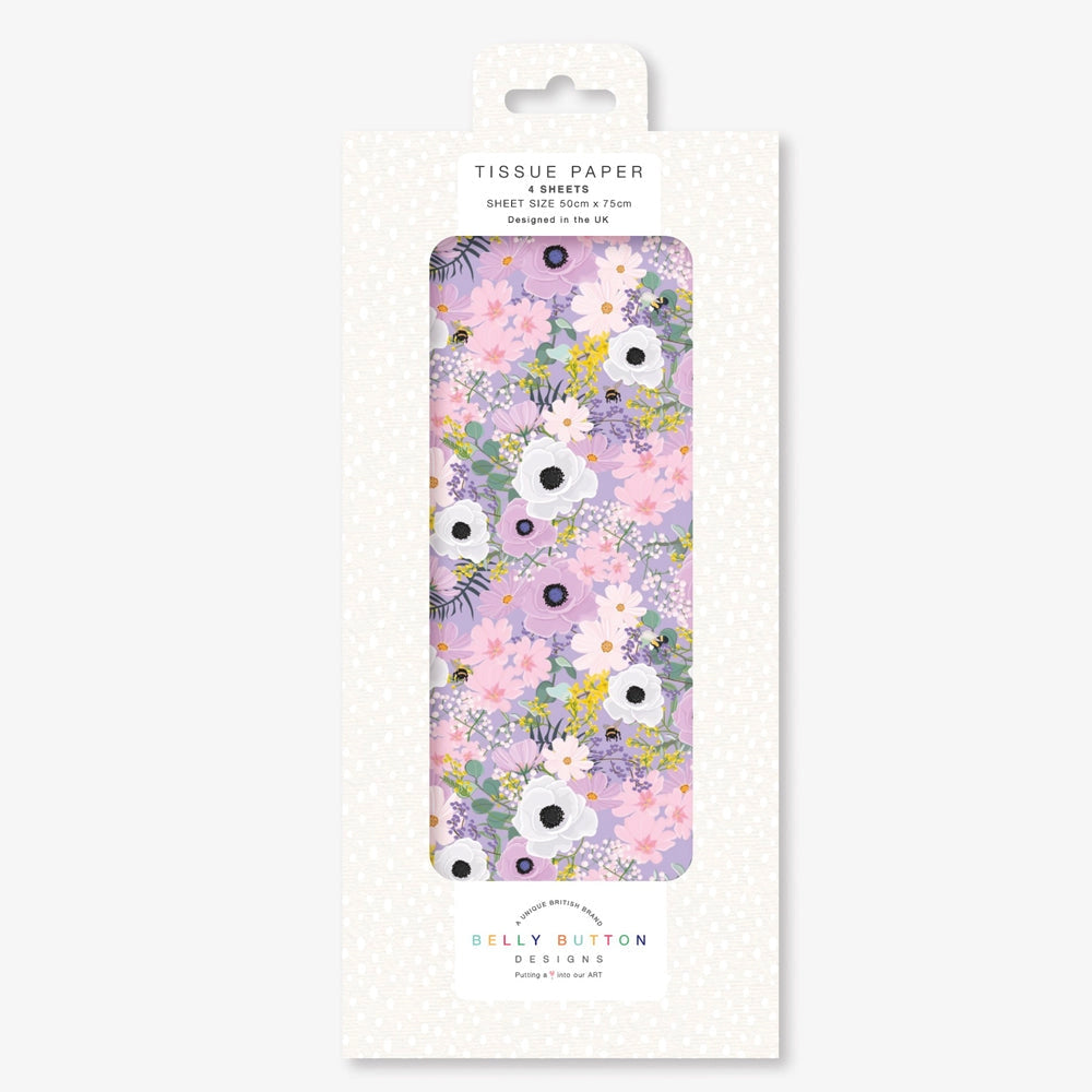 Floral Flowers Pink Mauve Belly Button Tissue Wrapping Paper 4 sheets 50 x 75 cm
