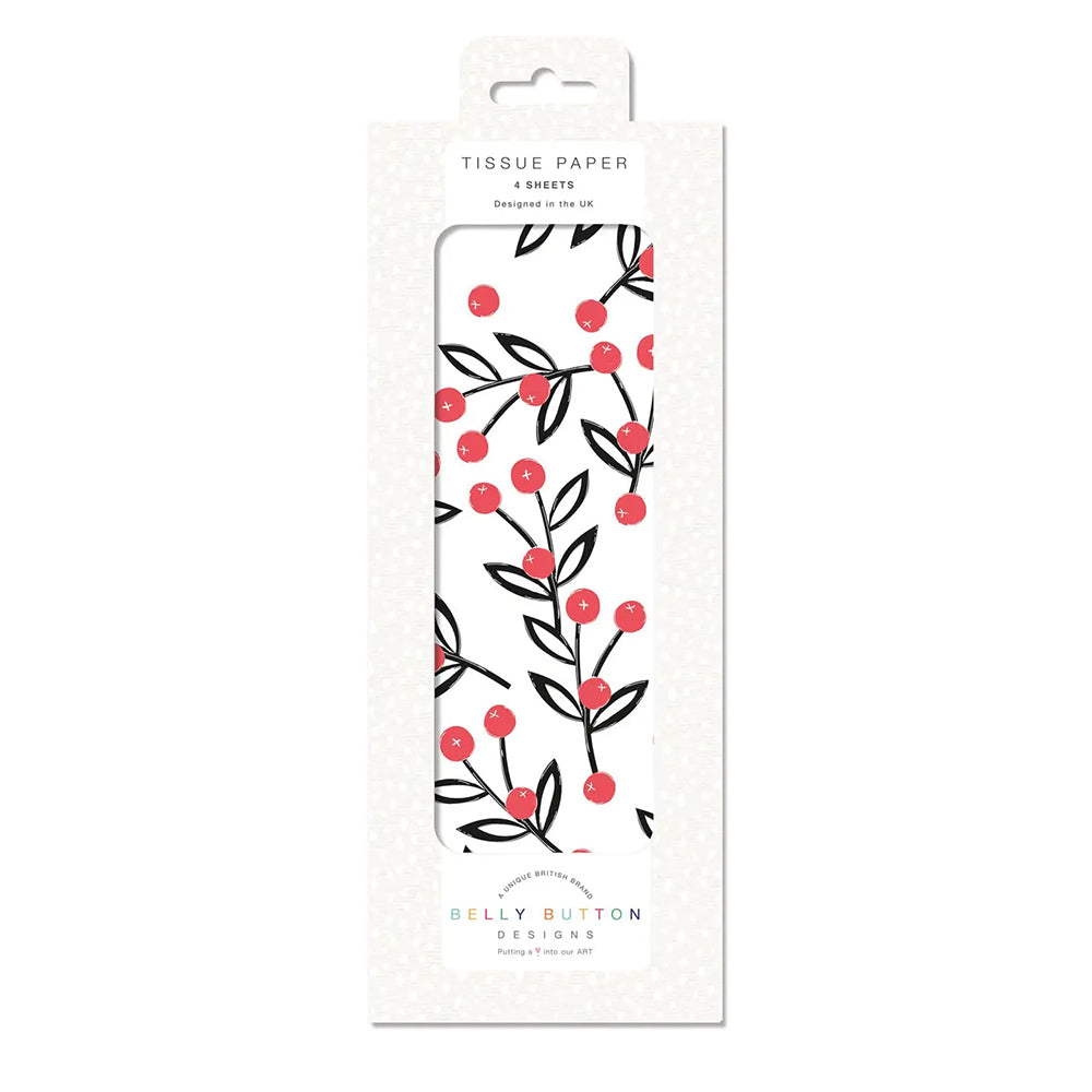 Woodcut Berries Christmas Belly Button Tissue Wrapping Paper 4 sheets 50 x 75 cm