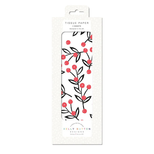 Woodcut Berries Christmas Belly Button Tissue Wrapping Paper 4 sheets 50 x 75 cm