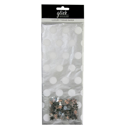 Silver Dots with Confetti Stars Tissue Paper 4 Sheets of 50 x 75 cm Glick Tissue Wrapping Paper