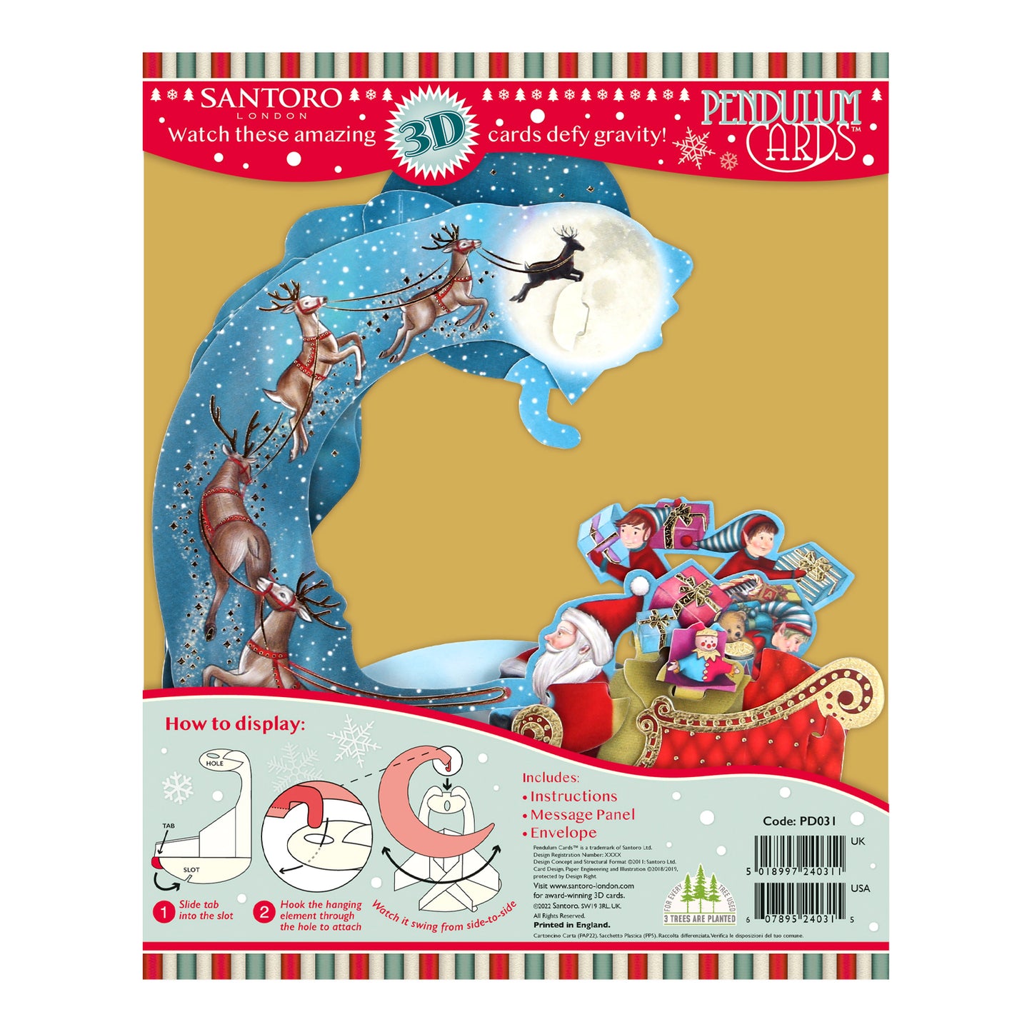 Santa's Sleigh Pendulum 3 D Pop Up Christmas Card Decoration 37 x 21 x 17cm Santoro
