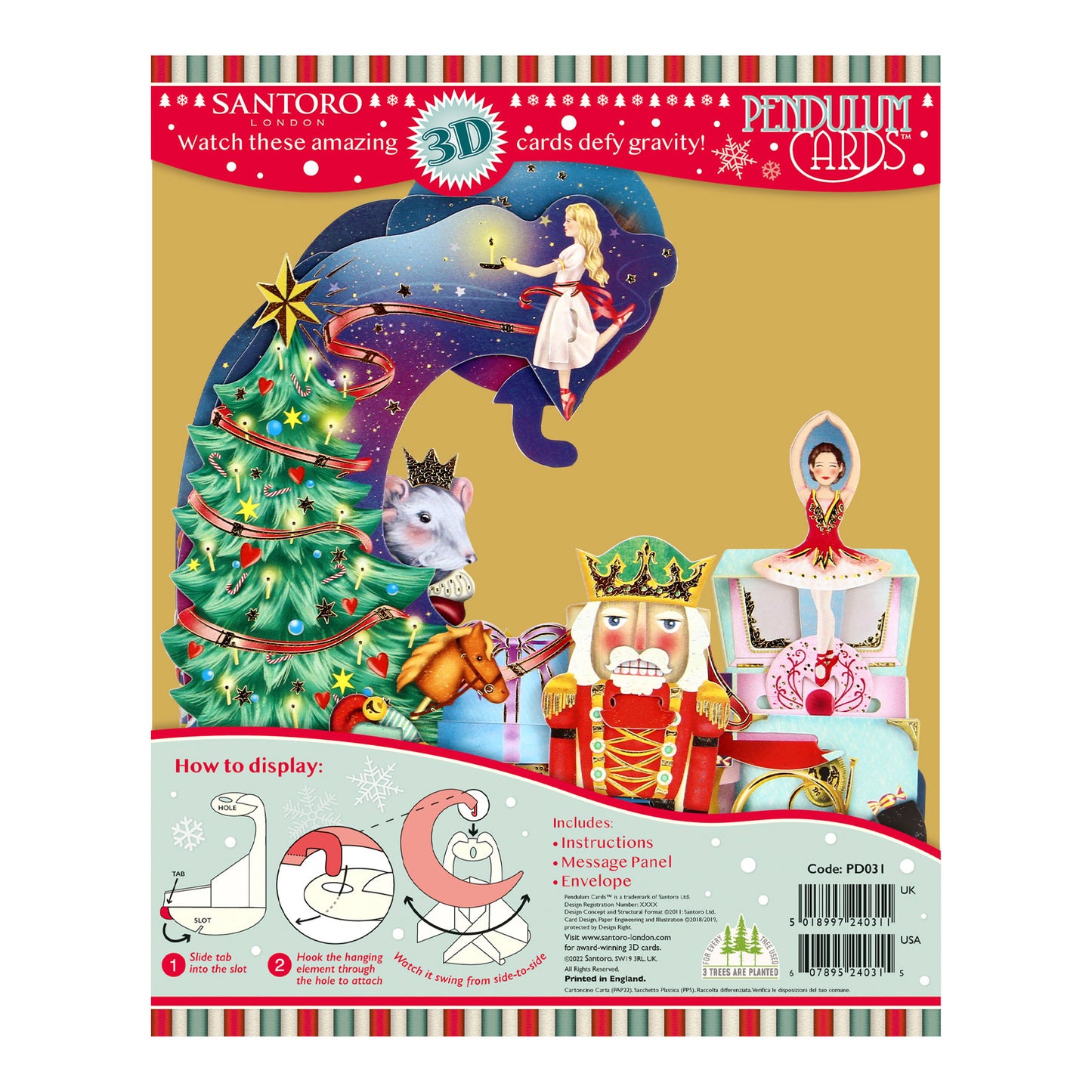The Nutcracker Pendulum 3 D Pop Up Christmas Card Decoration 38 x 21 x 17cm Santoro