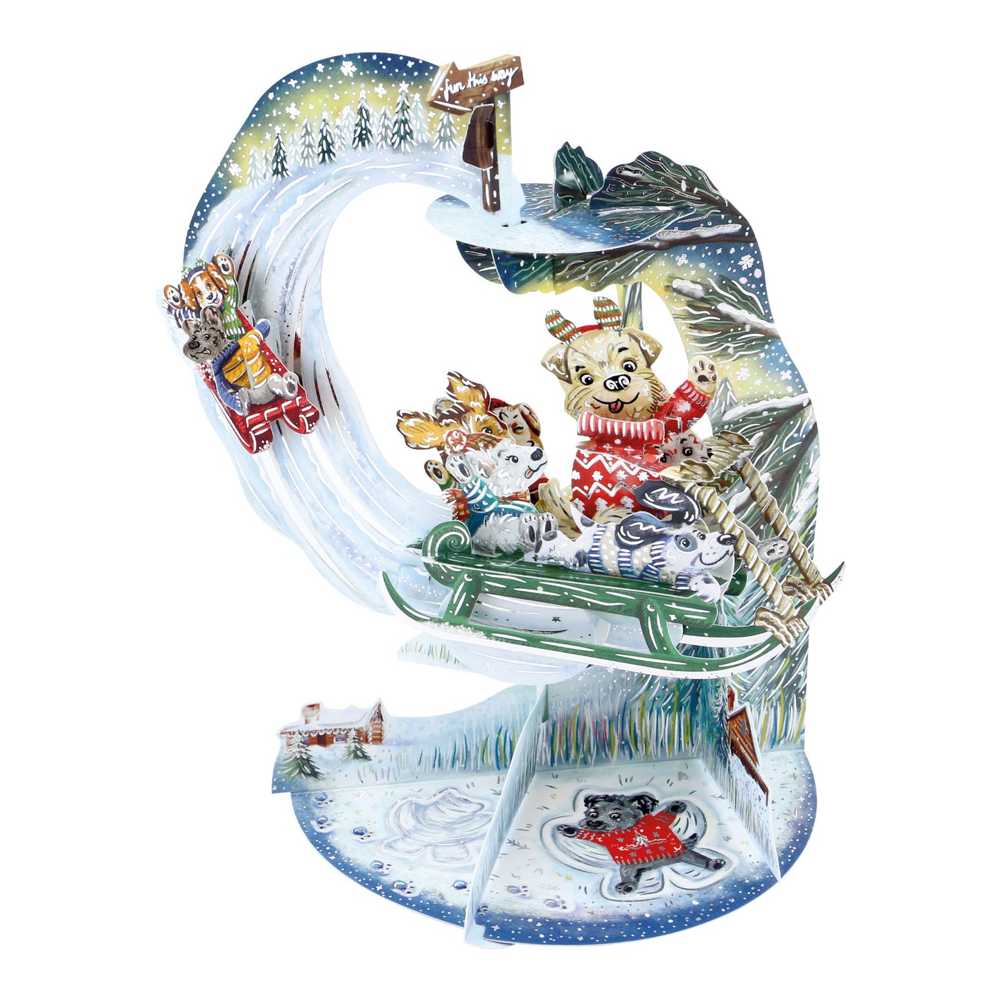 Sledging Puppies Pendulum 3 D Pop Up Christmas Card Decoration 39 x 21 x 17cm Santoro