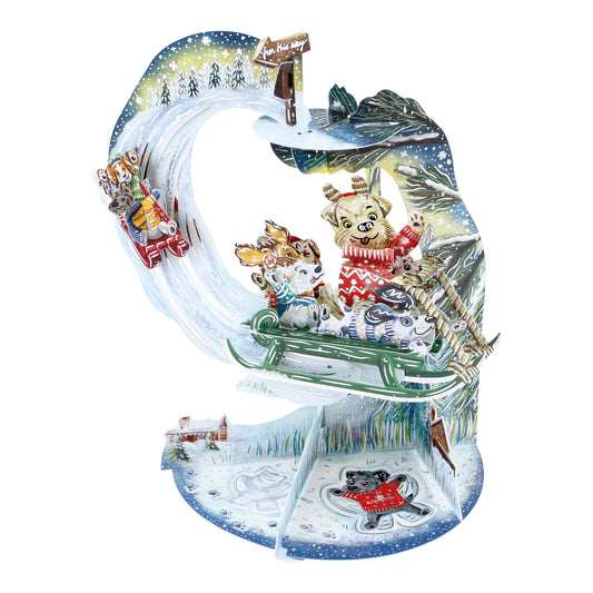 Sledging Puppies Pendulum 3 D Pop Up Christmas Card Decoration 39 x 21 x 17cm Santoro