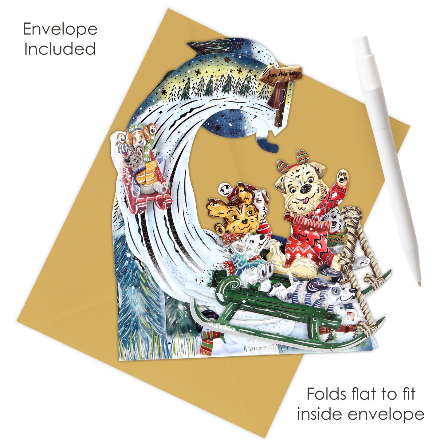 Sledging Puppies Pendulum 3 D Pop Up Christmas Card Decoration 39 x 21 x 17cm Santoro