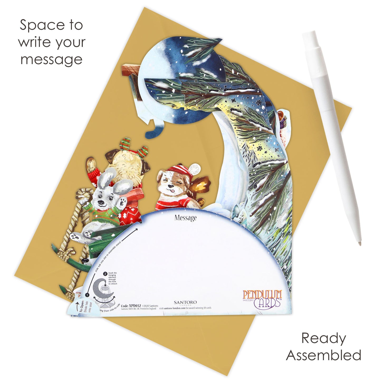 Sledging Puppies Pendulum 3 D Pop Up Christmas Card Decoration 39 x 21 x 17cm Santoro