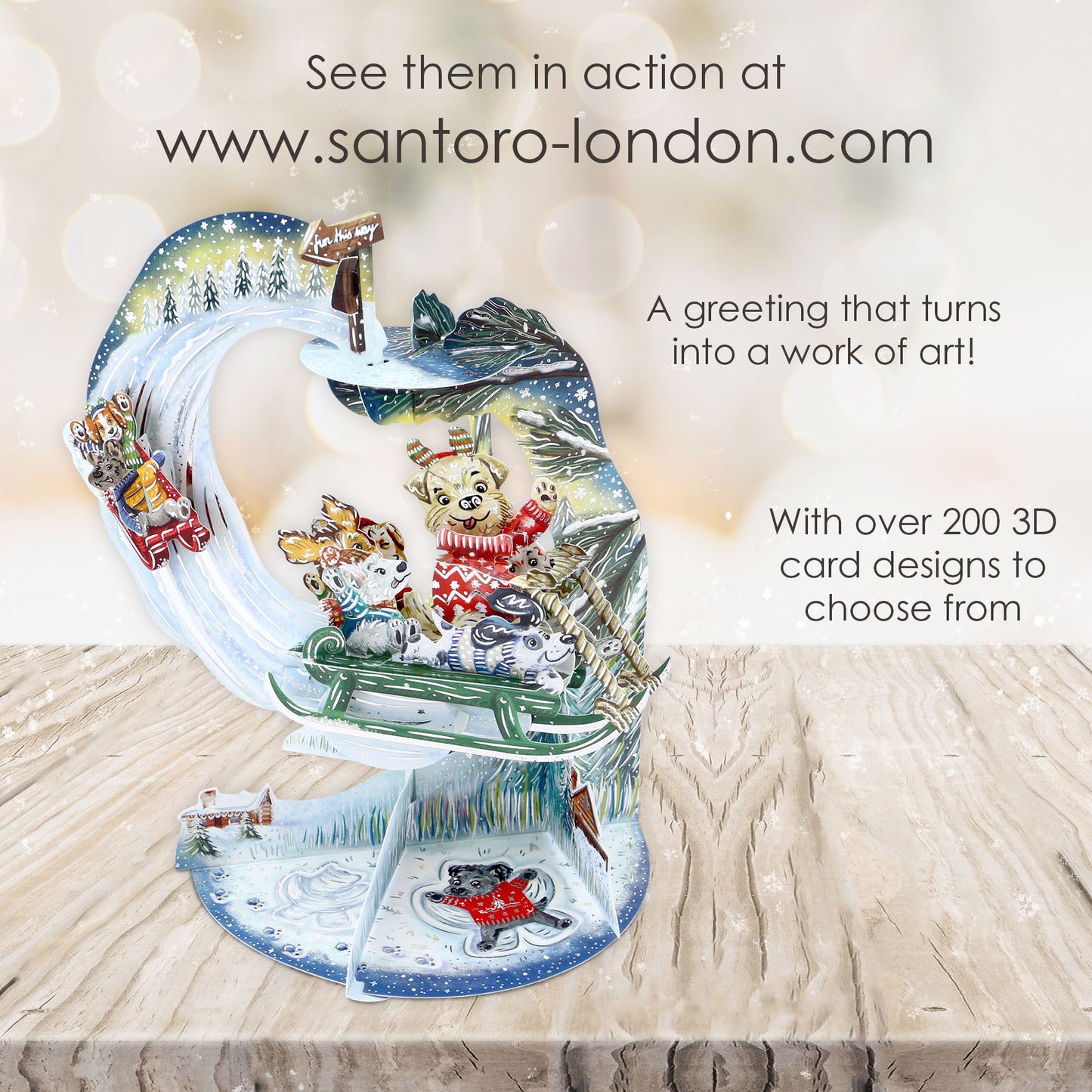 Sledging Puppies Pendulum 3 D Pop Up Christmas Card Decoration 39 x 21 x 17cm Santoro
