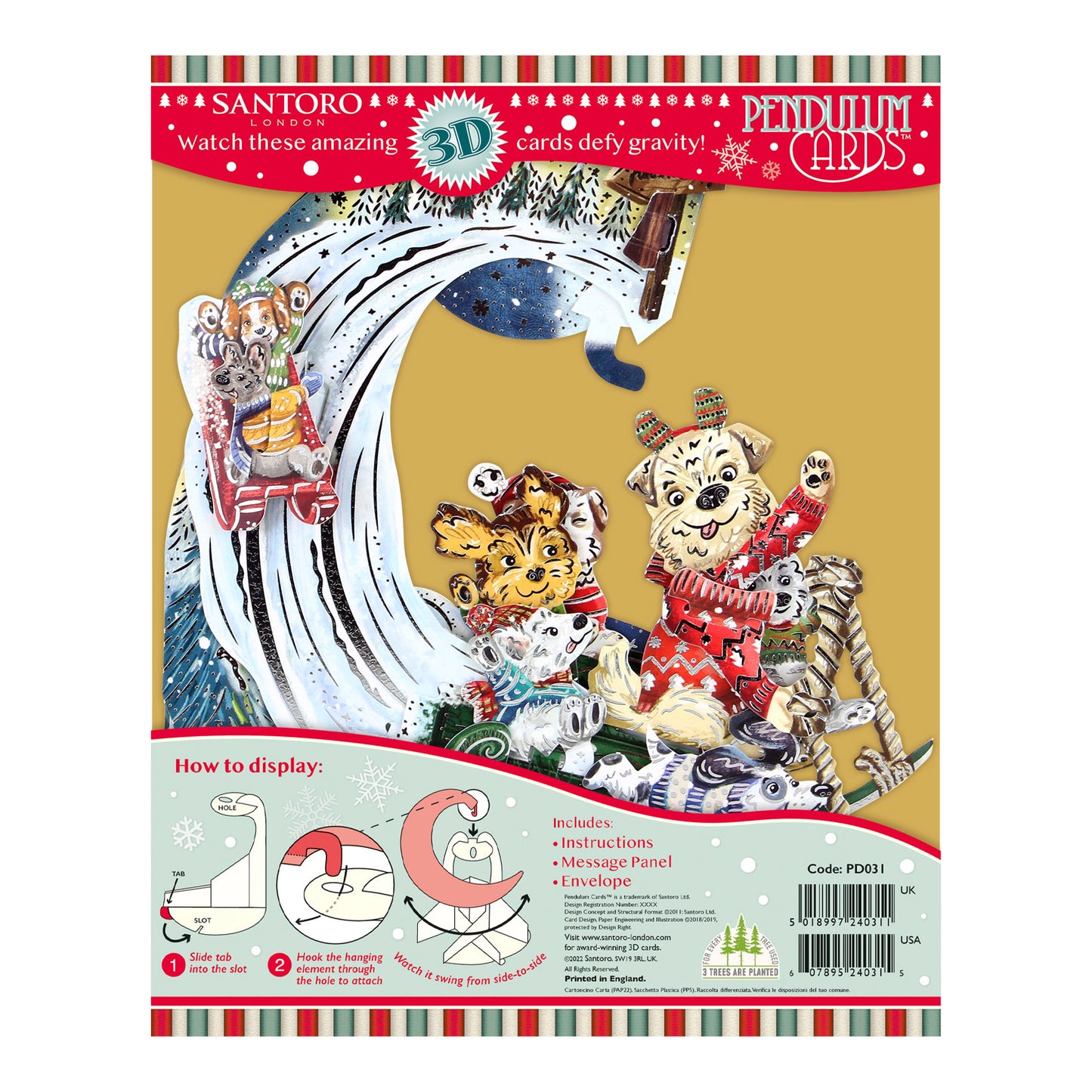 Sledging Puppies Pendulum 3 D Pop Up Christmas Card Decoration 39 x 21 x 17cm Santoro