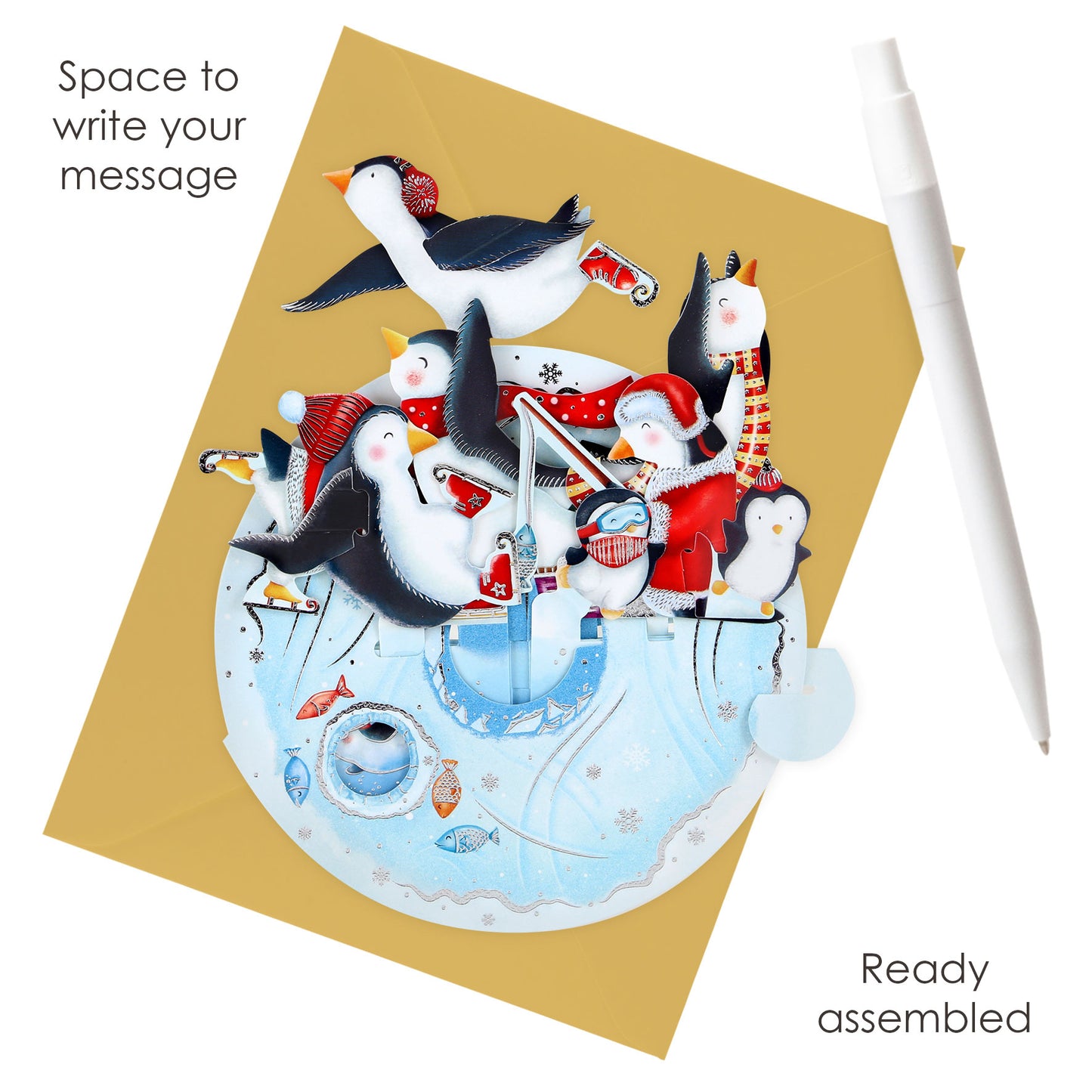 Ice-Skating Penguins - 3D Pop Up Pirouettes Christmas Card  14 x 17 x 14cm