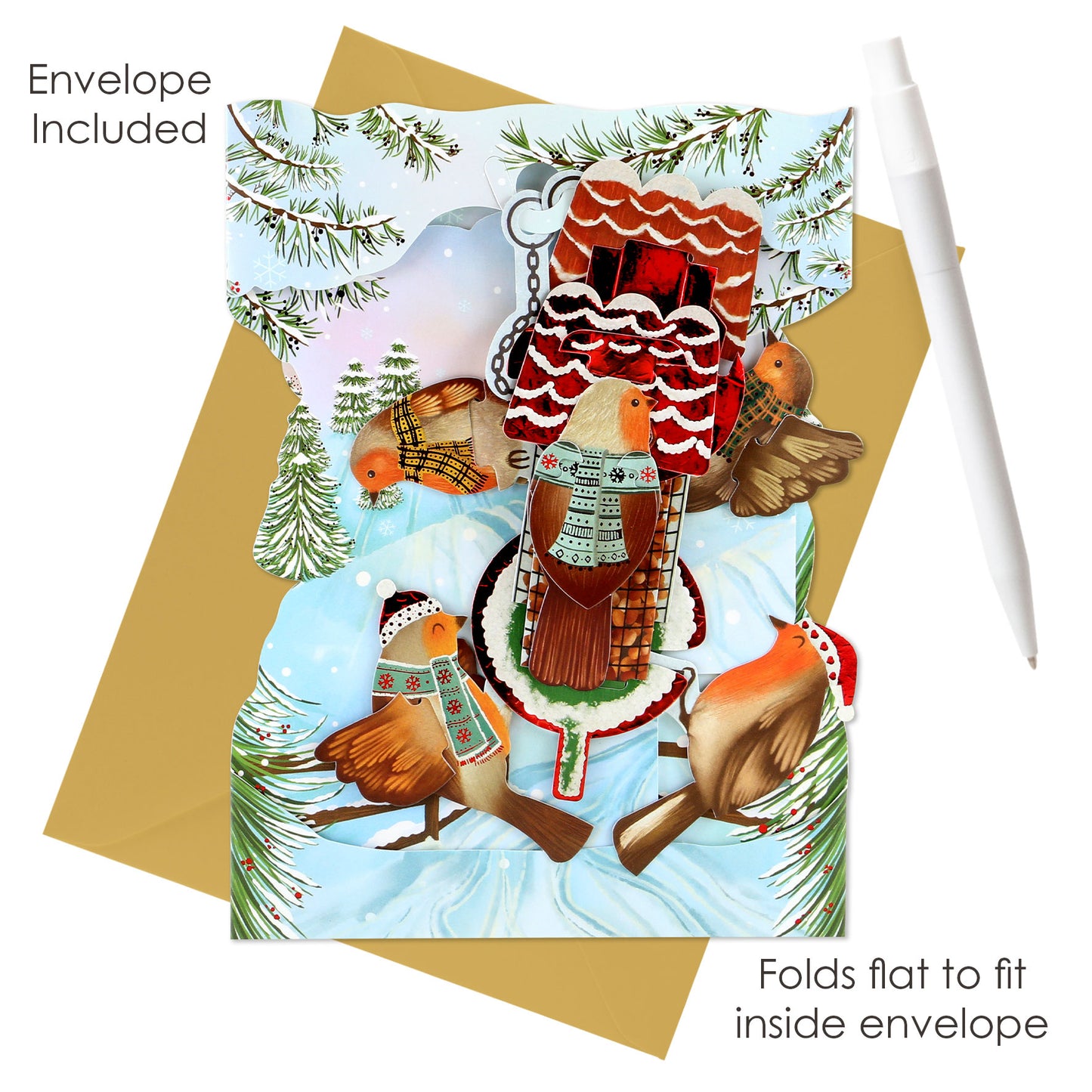 Robins  - 14.5 x 19.5 x 12cm - 3 D  Pop Up Swing Christmas Card Santoro