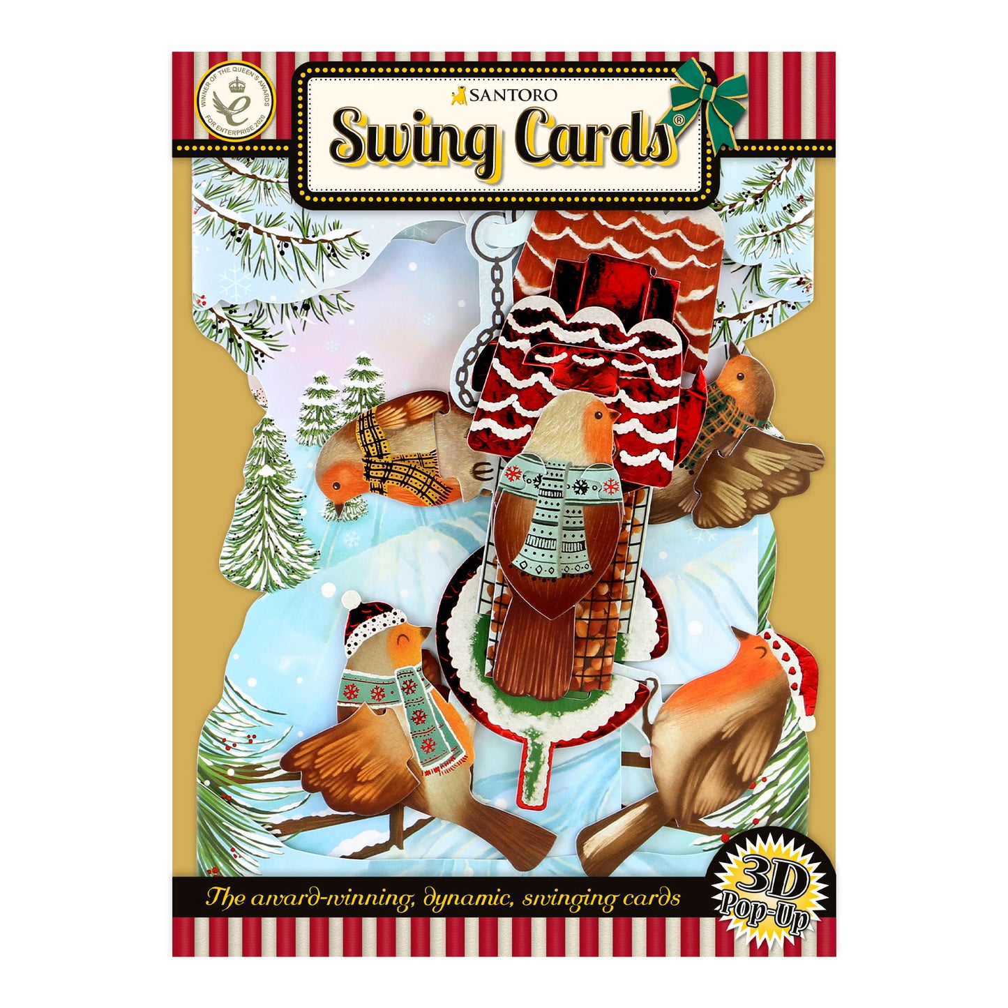 Robins  - 14.5 x 19.5 x 12cm - 3 D  Pop Up Swing Christmas Card Santoro
