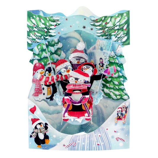 Sledging Penguins - 14.5 x 19.5 x 12cm - 3 D Pop Up Swing Christmas Card Santoro