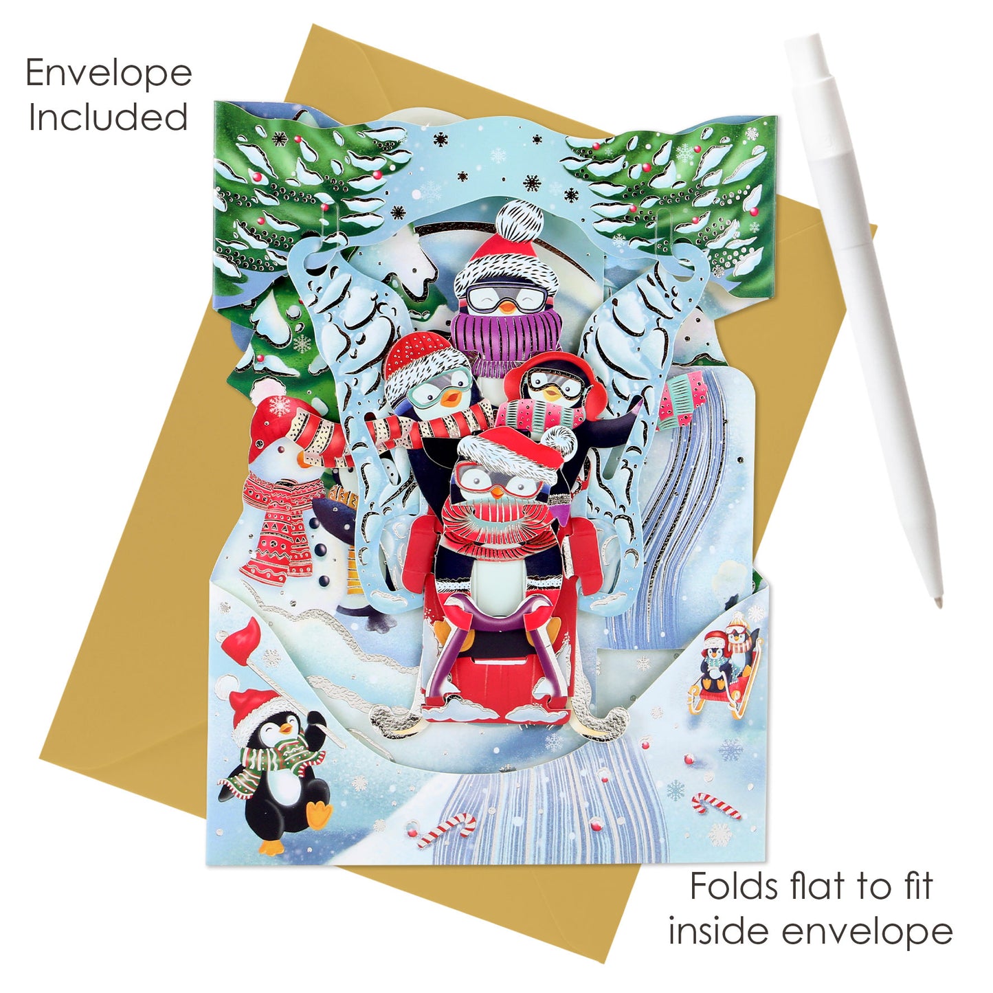 Sledging Penguins - 14.5 x 19.5 x 12cm - 3 D Pop Up Swing Christmas Card Santoro