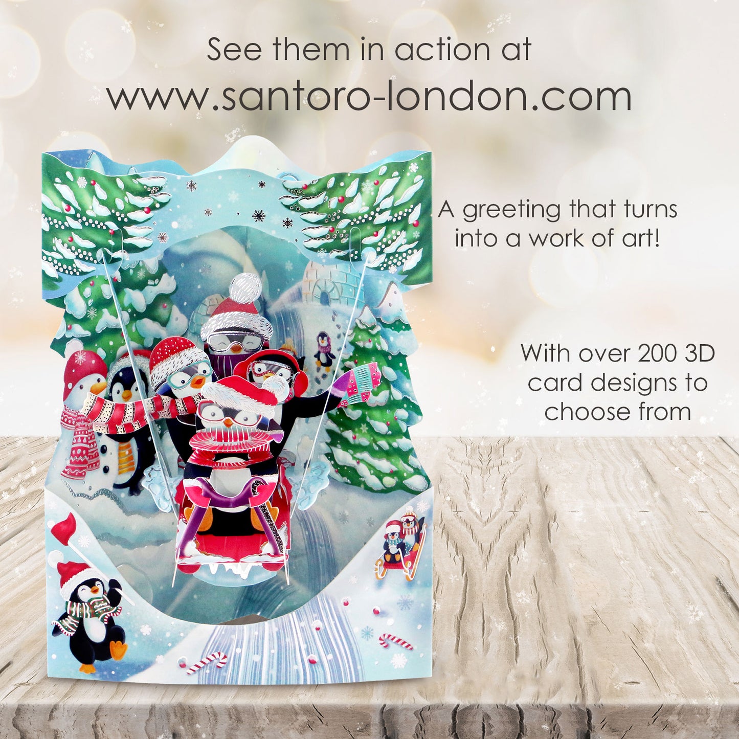 Sledging Penguins - 14.5 x 19.5 x 12cm - 3 D Pop Up Swing Christmas Card Santoro