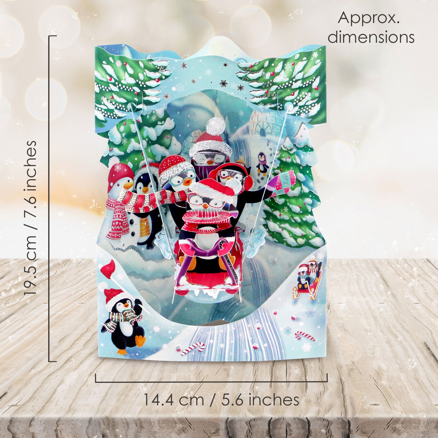 Sledging Penguins - 14.5 x 19.5 x 12cm - 3 D Pop Up Swing Christmas Card Santoro