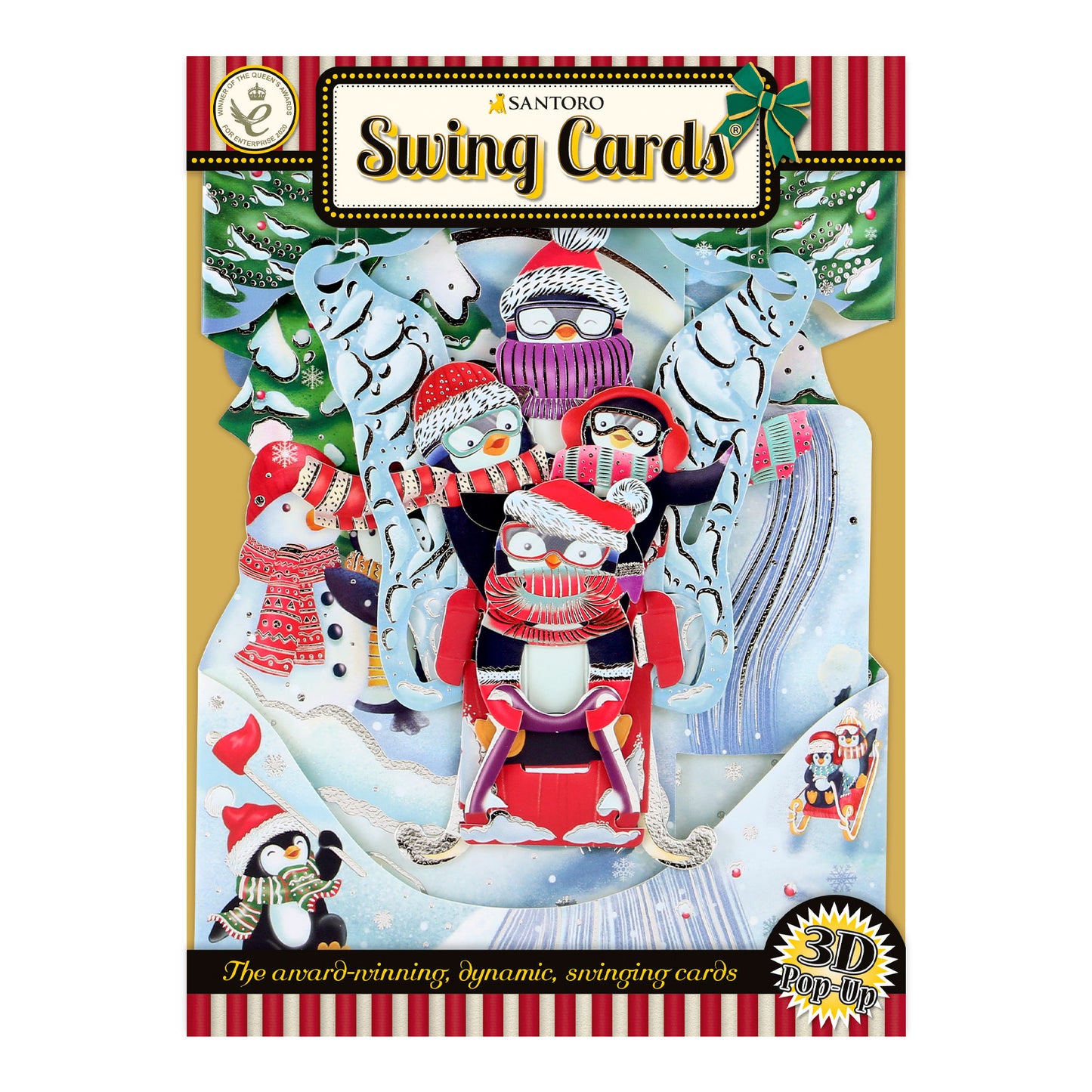 Sledging Penguins - 14.5 x 19.5 x 12cm - 3 D Pop Up Swing Christmas Card Santoro