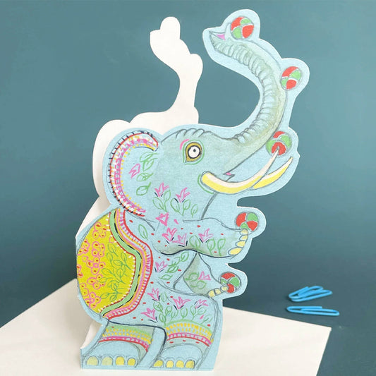 Elephant Juggling Die Cut Greetings Card Daniel Mackie - 5 x 5 inches with envelope