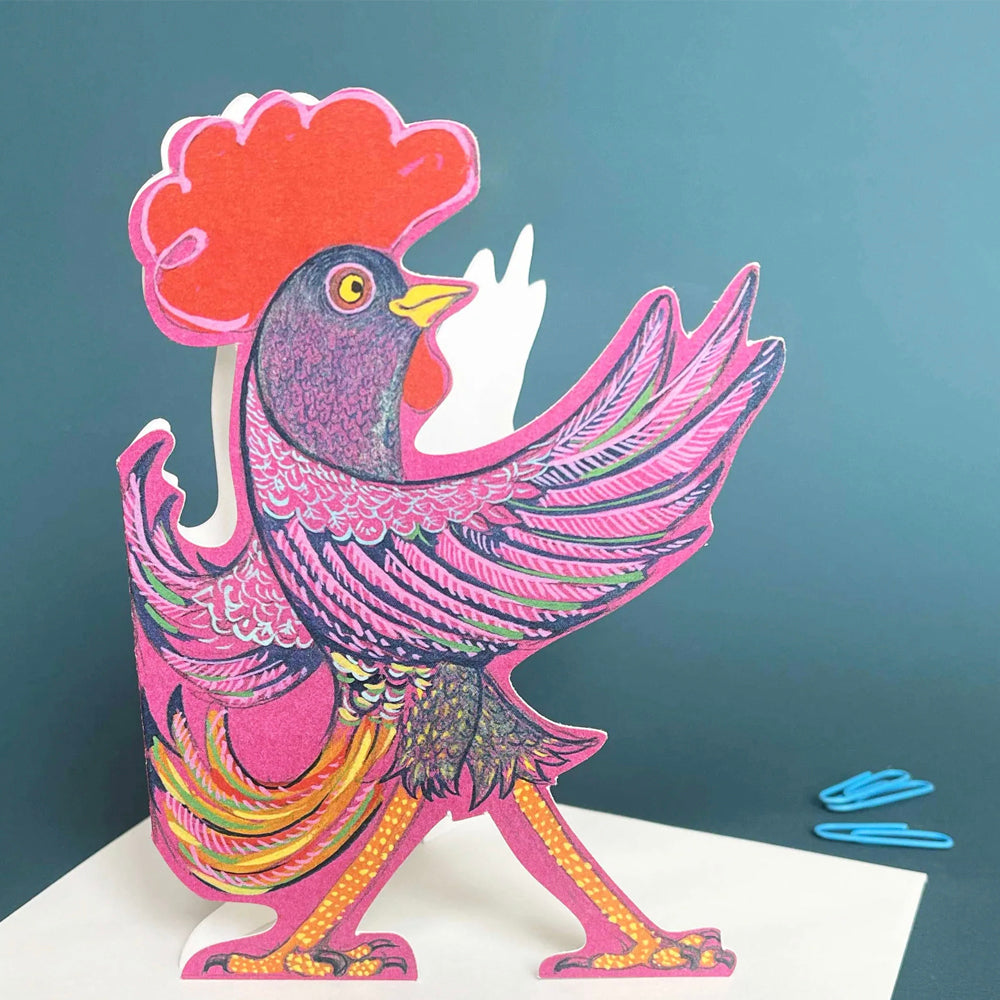 Strutting Rooster Die Cut Greetings Card Daniel Mackie - 5 x 5 inches with envelope