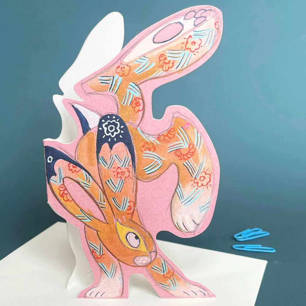 Hare Doing a Hand Stand Die Cut Greetings Card Daniel Mackie - 5 x 5 inches with envelope