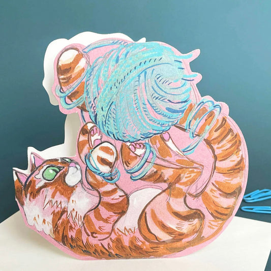Cat Playing With a Ball of Wool Die Cut Greetings Card Daniel Mackie - 5 x 5 inches with envelope