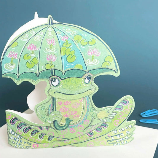 Frog with Umbrella Die Cut Greetings Card Daniel Mackie - 5 x 5 inches with envelope