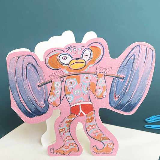 Monkey Lifting Weights Die Cut Greetings Card Daniel Mackie - 5 x 5 inches with envelope