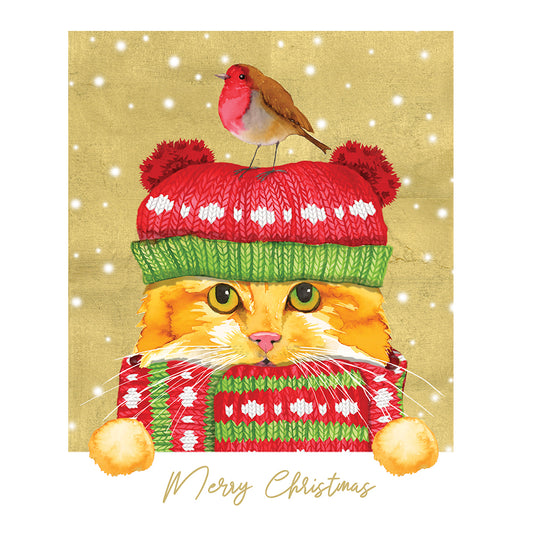 Caspari Christmas Cards Cat in a Hat 96mm x 120mm 5 in a pack with envelopes