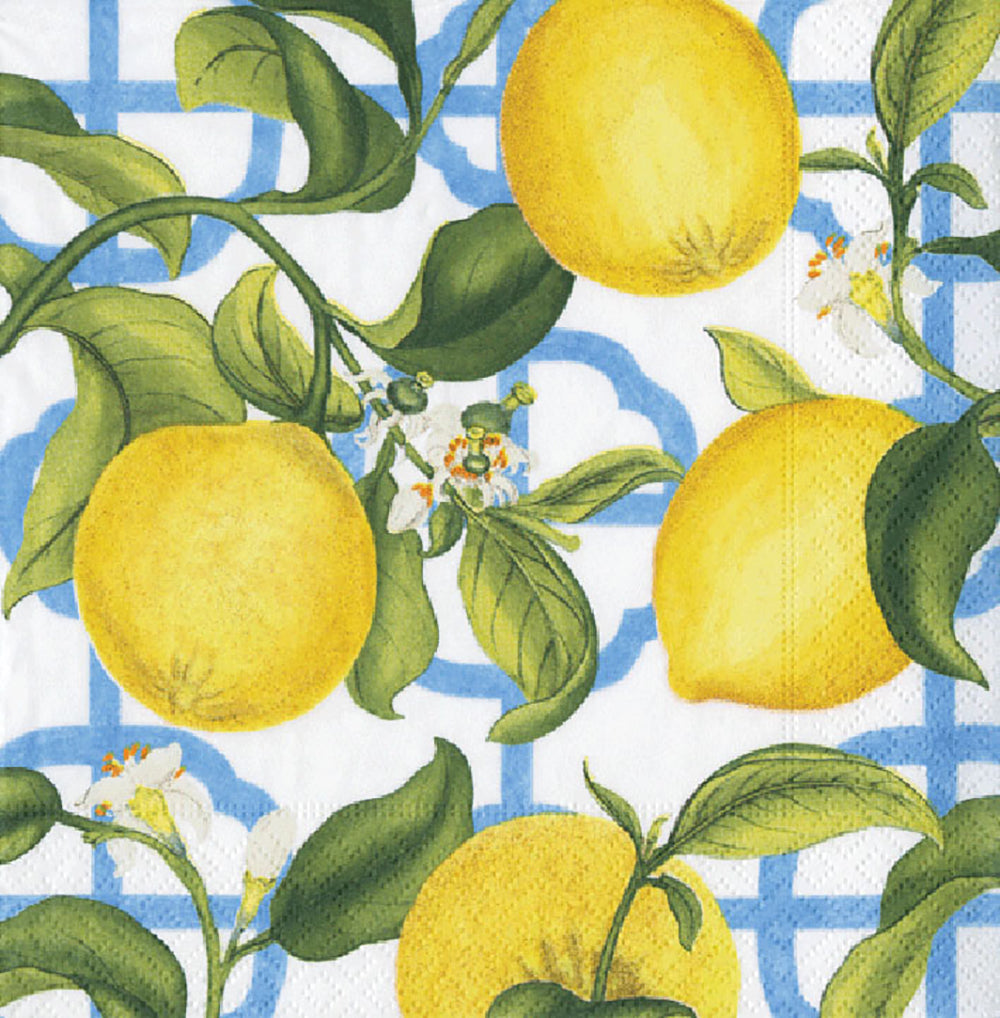 Ivory Seville Lemons Caspari Paper Cocktail Napkins 25 cm square 3 ply 20 pack