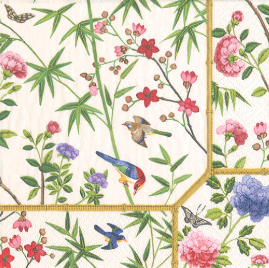 Ivory Chinese Wallpaper Flowers and Birds Caspari Paper Cocktail Napkins 25 cm square 3 ply 20 pack