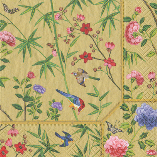 Gold Chinese Wallpaper Birds Flowers Caspari Paper Cocktail Napkins 25 cm square 3 ply 20 pack