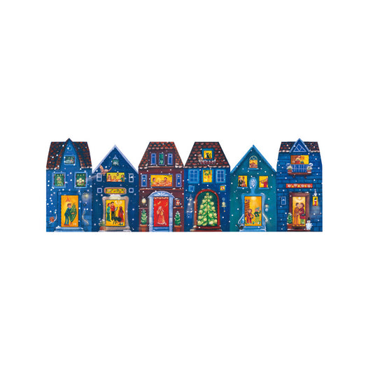 Advent Facades Blue Houses Advent Card with 24 doors and Envelope Concertina 16.5 x 11.5 cm