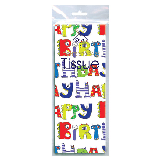 Monster Birthday Text Tissue Paper 4 Sheets of 20 x 30" Deva Tissue Wrapping Paper