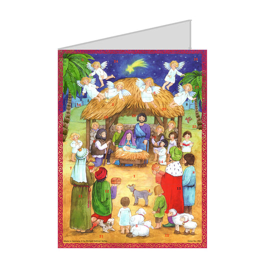 Nativity and Angels German Advent Card with 24 little doors 105 x 155 mm - Richard Sellmer